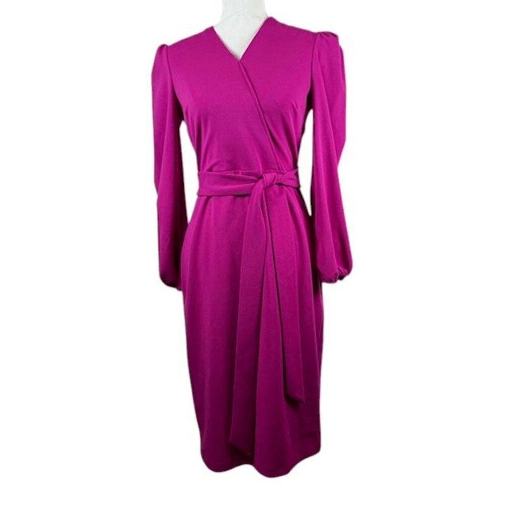 Alexia Admor Faux Wrap Fuchsia Dress Puff Sleeves Attached Belt Lined Size Small